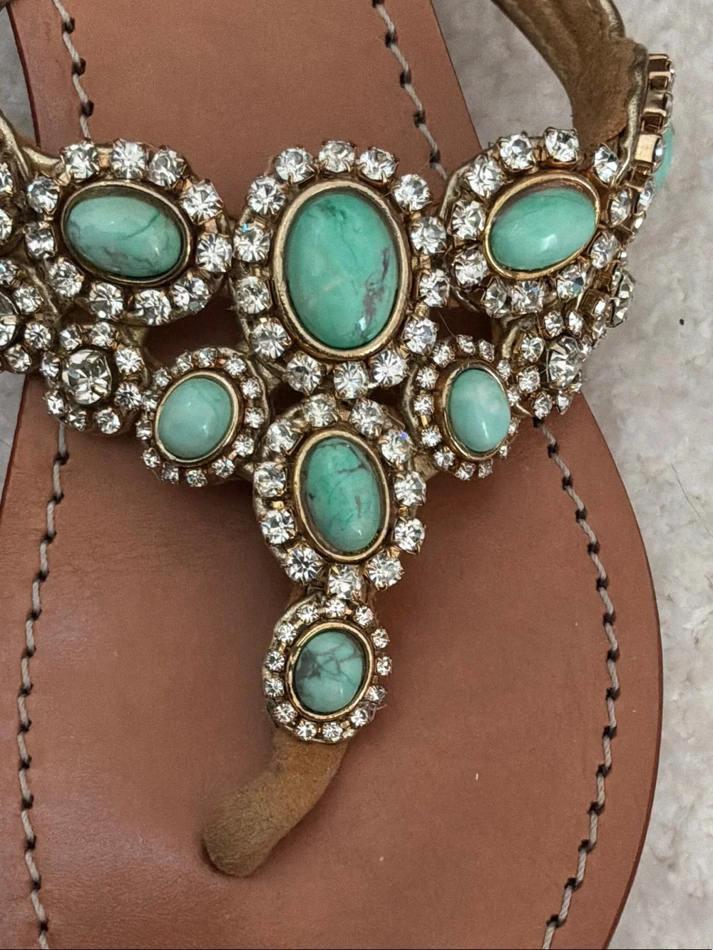 Mystique Gold-Tone Sandals with Mint Gem Accents